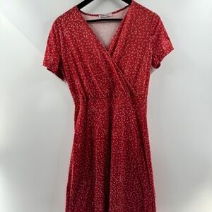 MS Basic Red Floral Wrap-Style Midi Dress Size Large